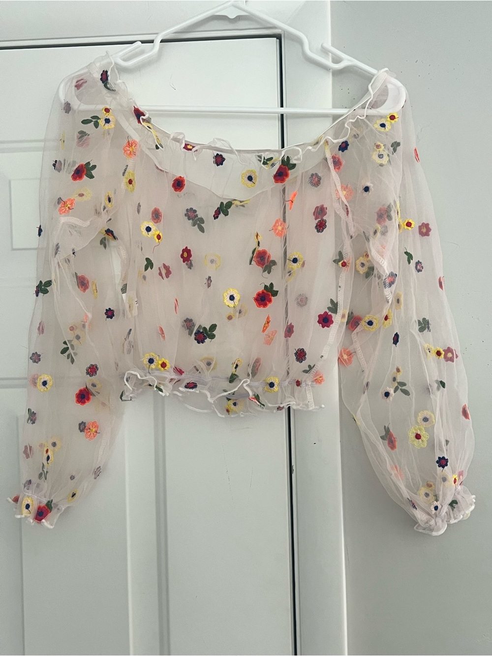 Embroidered Sheer Floral Puff-Sleeve Blouse - White